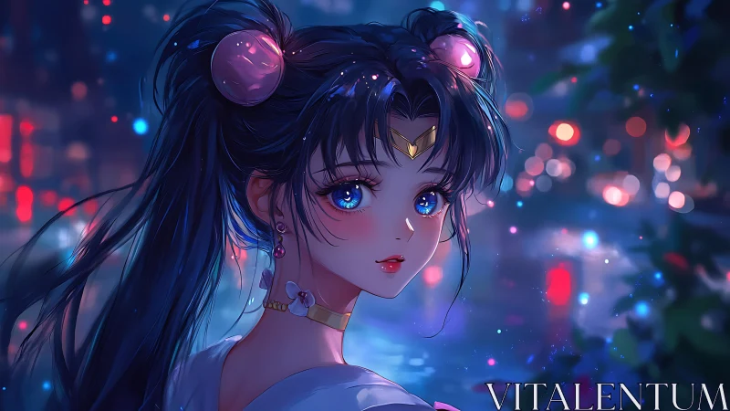 Moonlit city sorceress with star-bright eyes at riverside.