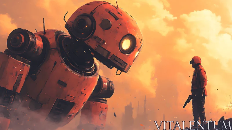 Large orange robot facing armed figure in hazy skyline scene.