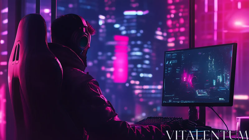 Solitary gamer codes in neon city high rise at night