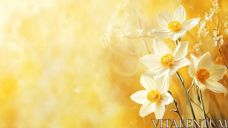 White Daffodils with Golden Centers in Warm Light.