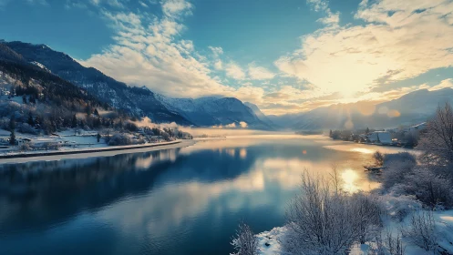 Snowy alpine lake at sunrise with reflective blue waters.