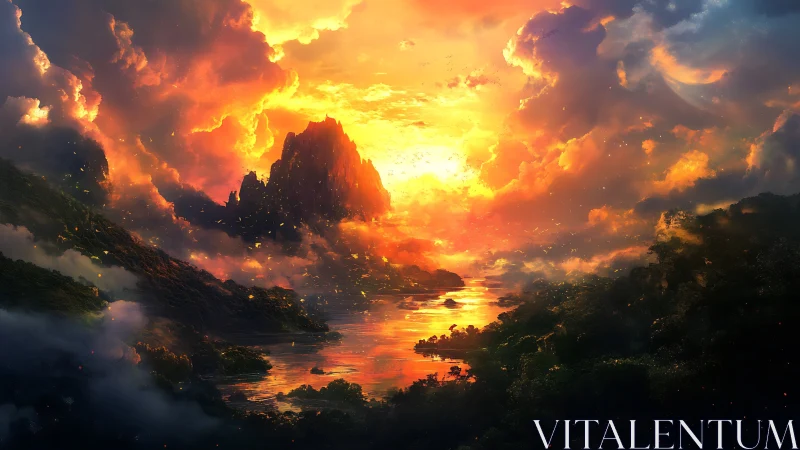 Sunset over misty mountains and reflective river valley.