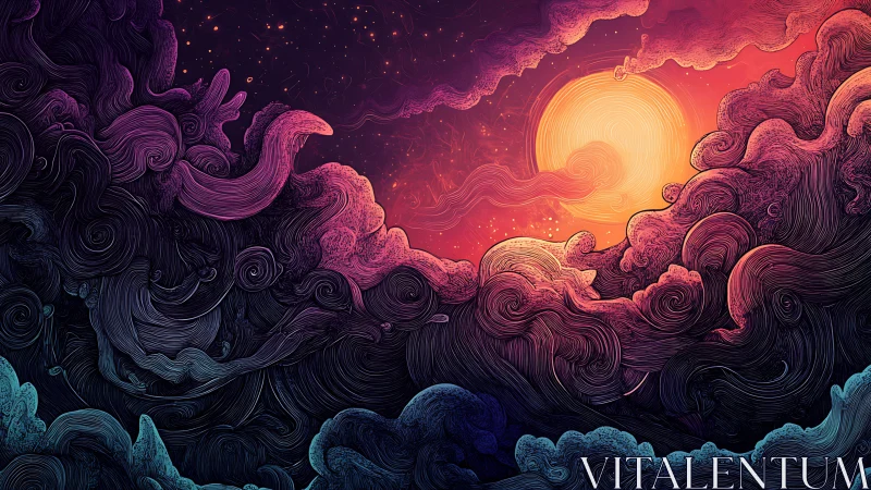 Swirling nebular cloudscape encircling radiant stylized sun disk