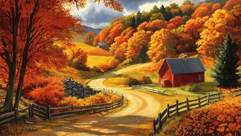 Autumnal agrarian valley with winding dirt road perspective.