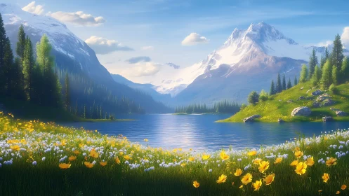 Sunny alpine lake framed by wildflower meadow and peaks.