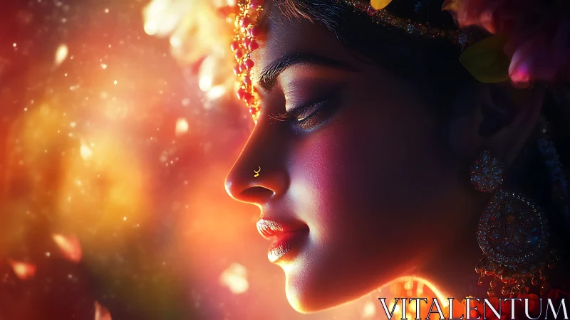 Profile portrait of adorned woman in warm glowing light.