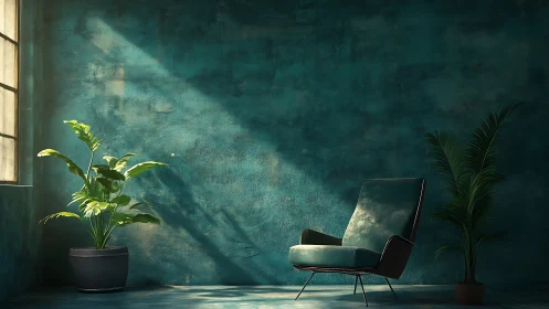 Sunlit teal interior with chair and two potted plants.