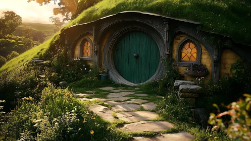 Sunlit hillside hobbit home with glowing garden door.