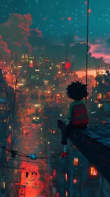 Boy overlooks neon city canyon under star-filled dusk sky.