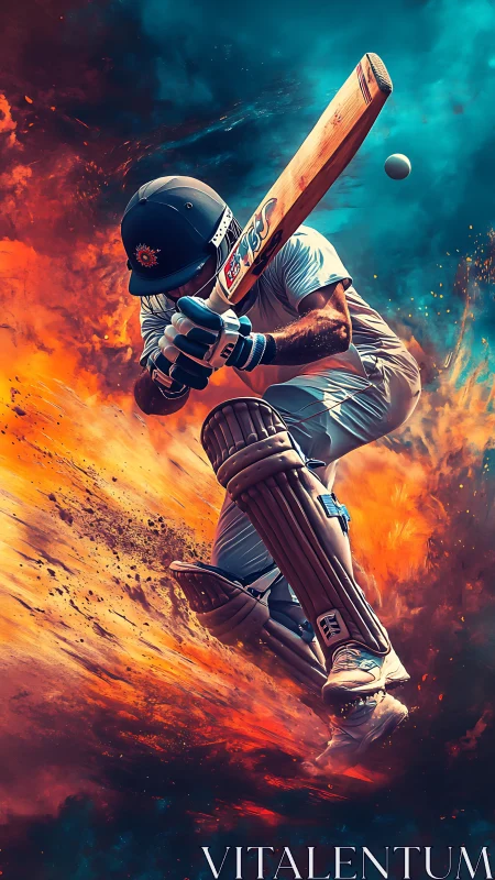 Dynamic cricket batsman in explosive action burst.