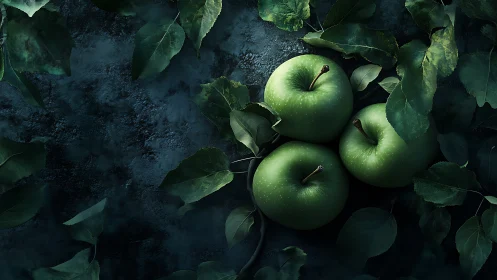 Glowing green apples resting softly among shadowed leaves.