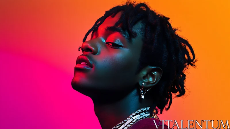 Chromatic side-lit portrait under gradient neon spectrum field.