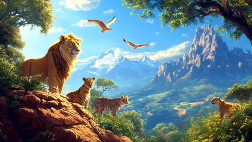 Lion Pride in Mountain Landscape with Flying Eagles