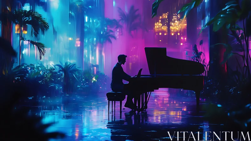 Silhouette of pianist at grand piano in neon tropical hall