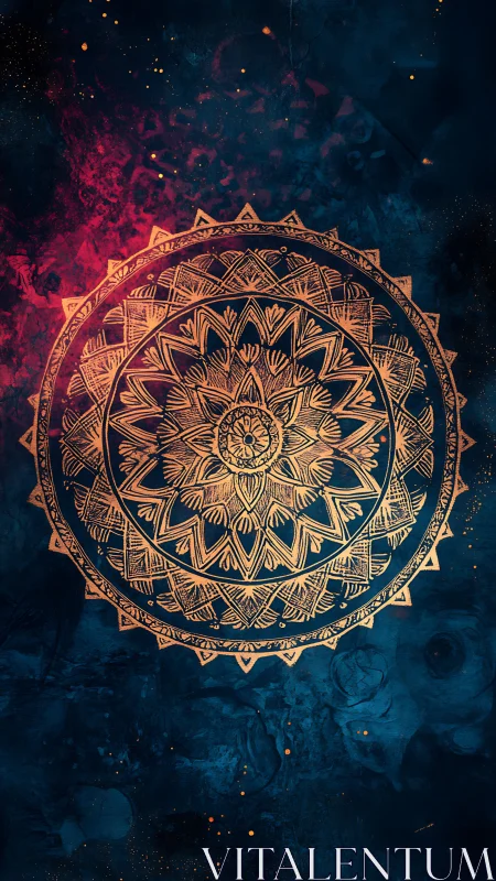 Geometric mandala pattern on dark textured abstract field.