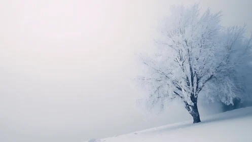 Minimalist winter tree on sloping horizon in soft mist tones.