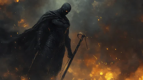 Armored dark sentinel stands amid incendiary battlefield haze