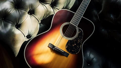 Sunburst acoustic guitar resting on dark leather sofa.
