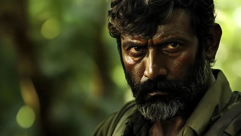 Weathered jungle sentinel with an iron, unblinking stare.