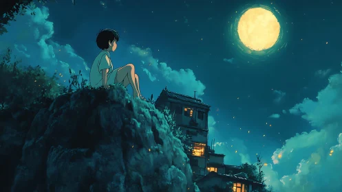 Boy on cliff watching bright full moon over quiet town.