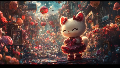 Luminous chibi cat avatar in lantern-saturated festival street.