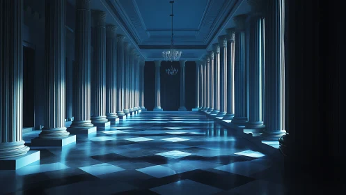 Moonlit colonnade bathed in soft blue glow and quiet grace.