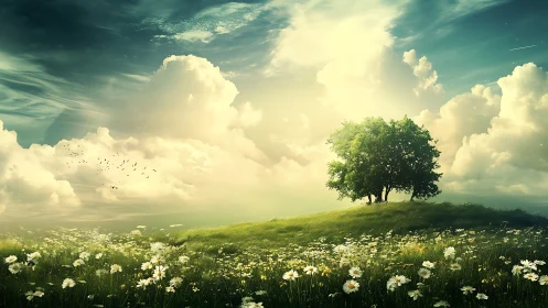 Lone hilltop tree sipping sunlight above a daisy ocean.