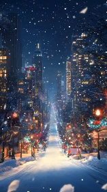 Snow covered city avenue extends toward illuminated skyline