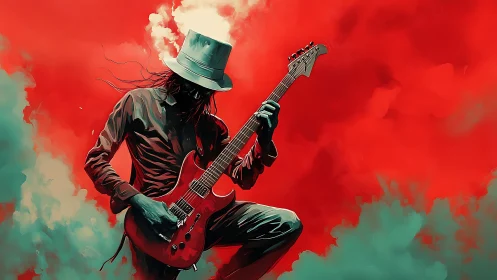 Smoky red stage guitarist in dynamic digital painting.