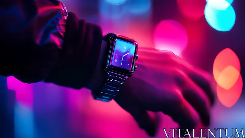 Smartwatch on wrist under neon bokeh lighting renders cyber aesthetic