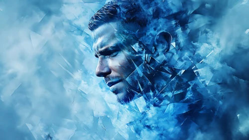 Male profile rendered within fragmented blue digital shards