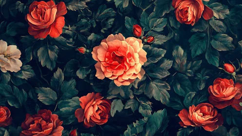 Riotous Garden: Coral Roses Dance in Moody Shadow.