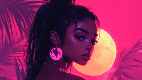 Neon-lit portrait under glowing tropical moonrise.