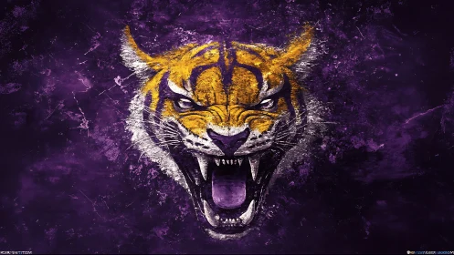 Roaring neon tiger tears open a storm of royal purple