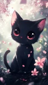 Moonlit blossom-eyed kitten in a drifting petal daydream.