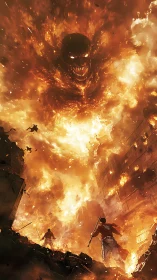 Humanoid fire entity over urban ruins with armed figures.