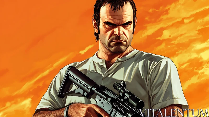 Digital painting portrait of armed man against vivid sky backdrop.