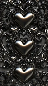 Ornate Black Hearts in Sculptural Relief Pattern.