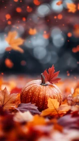 Pumpkin lantern of leaves in a glowing autumn dreamscape.