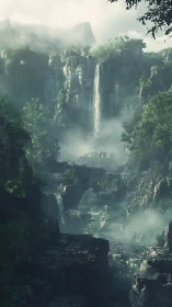 Vertical canyon landscape with multiple waterfalls in mist.
