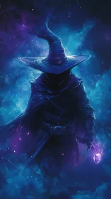 Mystic midnight wizard walks through swirling starlit smoke.