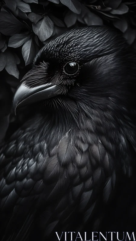 Close view of black corvid bird with detailed plumage.