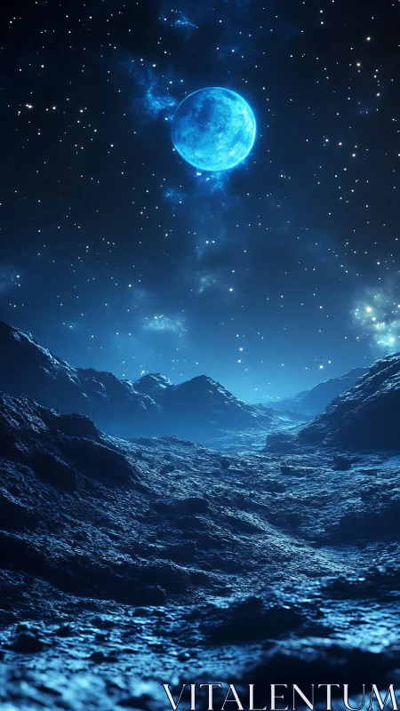 Lunar-lit alien canyon rendered in high-contrast digital 3D