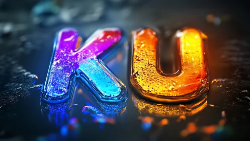 Glowing KU letters in vivid blue and orange glass textures.