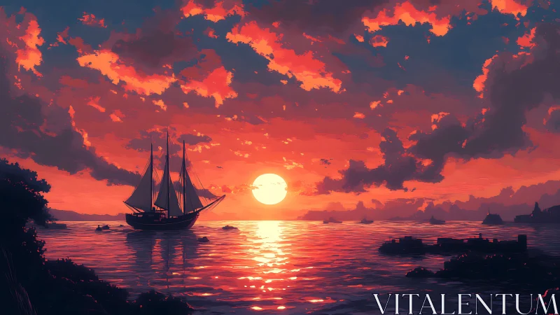 Sailing ship crosses vivid orange sea under blazing sunset sky