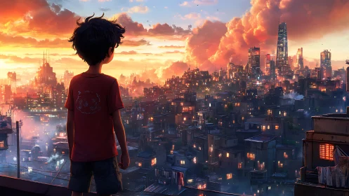 Child observes dense urban skyline under illuminated sunset