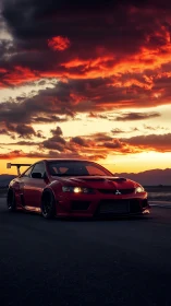 Sunset cruise with a bold red sports car on open road.