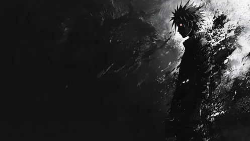 Dark anime figure in splattered monochrome abstract space.