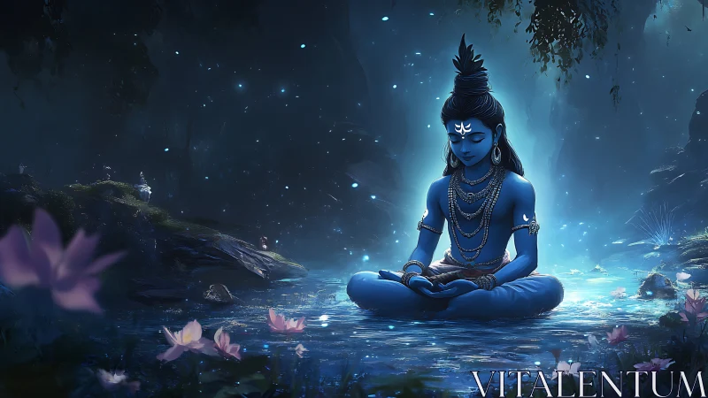 Moonlit river hushes as blue mystic child blooms in stillness