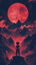 Stellar warrior silhouette under oversized crimson moonscape.